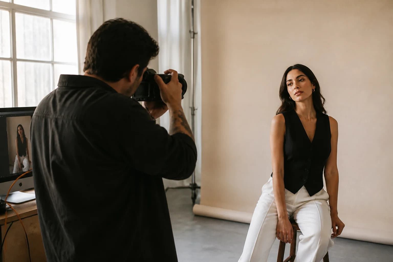 Portrait photographer working with a client in a daylight studio