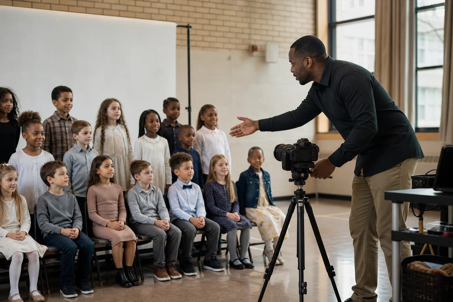 School photographer organizing students for picture day