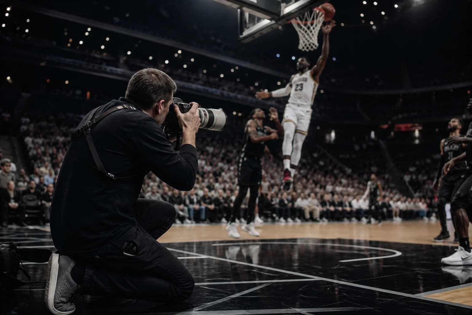 Sports photographer shooting an indoor basketball game courtside