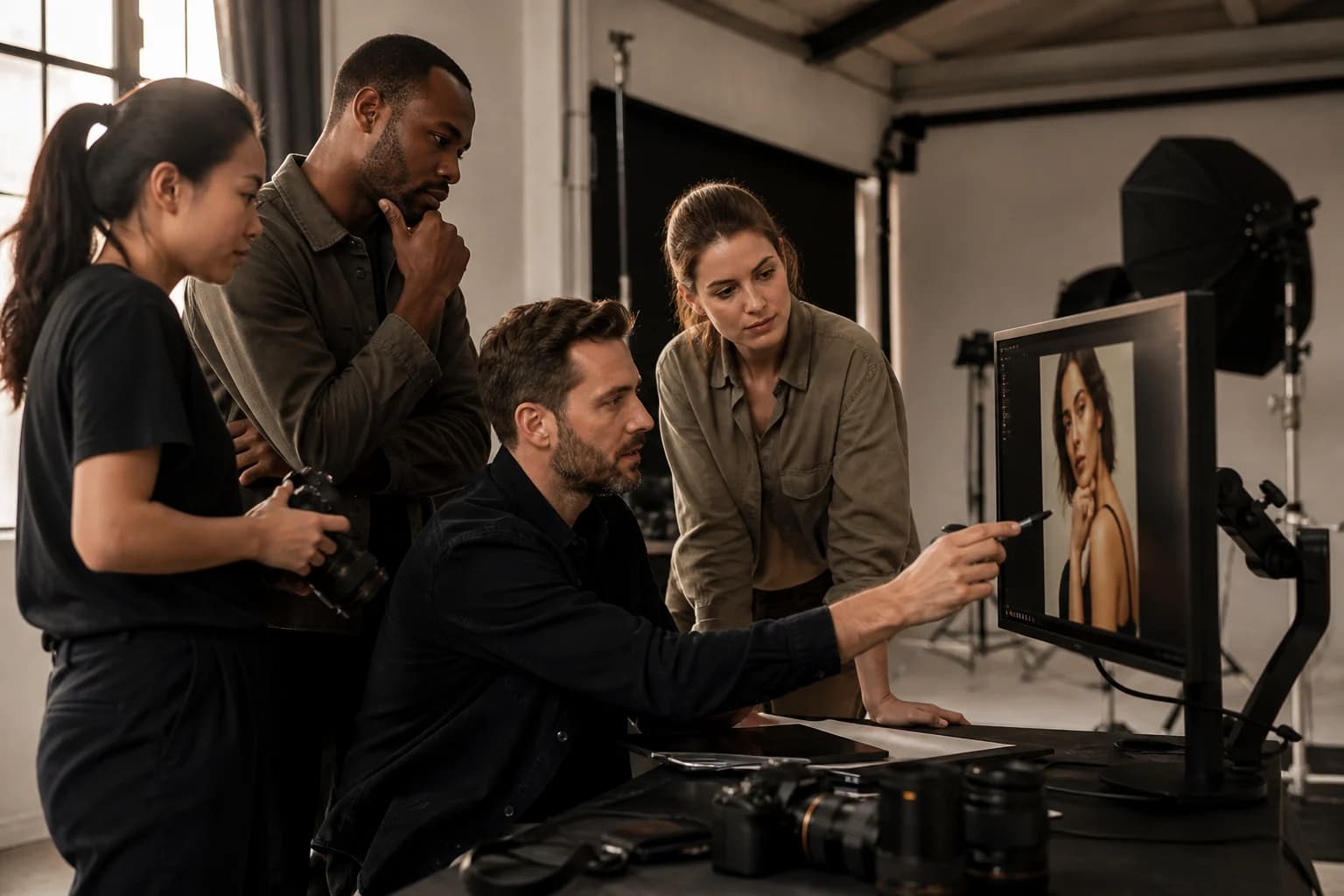 Multi-photographer studio team reviewing a shoot together