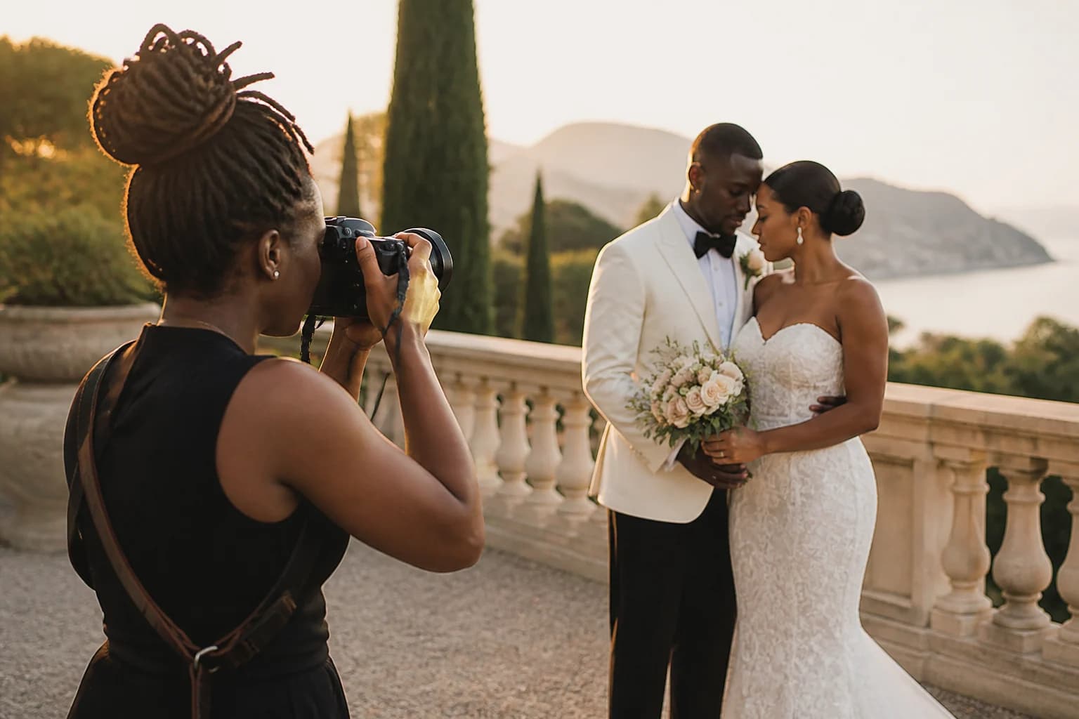 Wedding photographer directing and photographing a couple outdoors